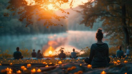 Tranquil sunrise yoga session by calm lake with bonfire and candles. Group meditation practice at dawn near water.