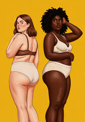 Illustration of two plus-size models of girls of different nationalities in lingerie