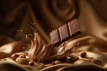 Chocolate bar plunging into molten chocolate, creating a dramatic splash amidst scattered nuts on a rich, flowing fabric