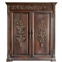 Ornate dark brown wooden cabinet with carved floral details, two doors, and antique style
