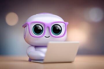 Cute purple robot with oversized glasses working on a laptop in a soft blurred background, embodying the future of technology and playful learning through a captivating digital setting