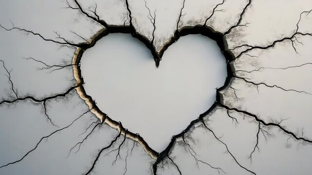 Broken heart syndrome concept ,Heart shaped crack white surface with jagged broken lines spreading across fragile surface