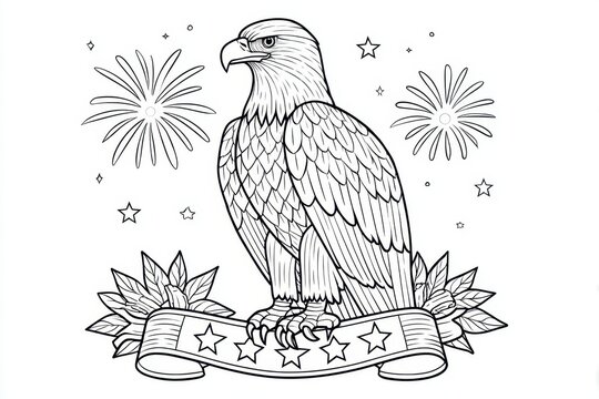 Majestic Bald Eagle on Star-Spangled Shield - Intricate Patriotic Drawing for Independence Day Celebration in Coloring Book Style
