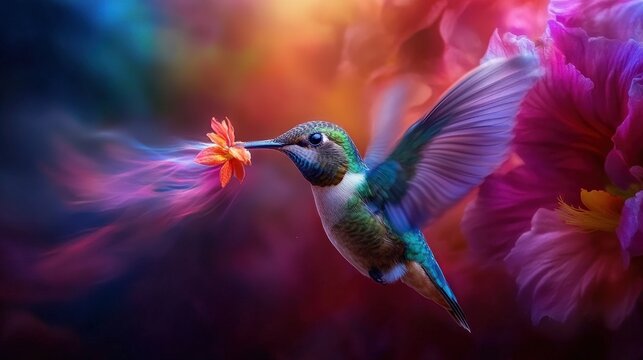A hummingbird hovering mid-air, its wings a blur as it sips nectar from a vibrant flower