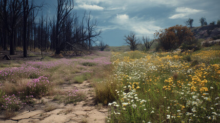 Nature's resilience wildflower bloom after forest fire scenic landscape vibrant environment aerial view renewal concept
