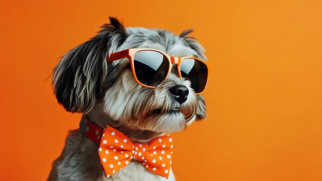 Pet wearing sunglasses and a bow tie with polka dots on an orange background. Paw accessories that add a humorous touch to pet fashion.