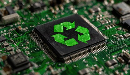 Close-up of a circuit board with a microchip featuring a green recycling symbol, highlighting the concept of e-waste recycling and sustainable technology