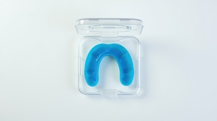 A clean blue mouthguard in its protective case on a white background, representing sports safety and dental hygiene.
