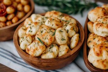 Warm, freshly baked savory biscuits sprinkled with aromatic herbs and cheese filling, beautifully arranged in wooden bowls surrounded by fresh rosemary, perfect for casual dining or gourmet