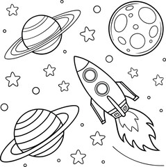 Seamless space rocket pattern vector illustration with planets, stars, and UFOs for baby design wallpaper