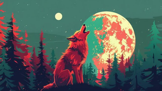 Red wolf howling at night under big moon in forest.  Nocturnal canine canis lupus howling at large moon in dark mysterious woods. Powerful wolf image perfect for fantasy book cover, album art,