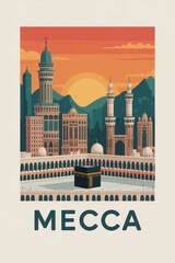 Obraz premium Travel Poster of the Kaaba and Masjid al-Haram at Sunset, Mecca, Saudi Arabia
