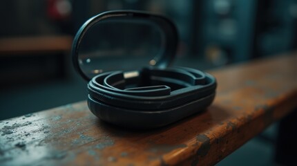 A boxer's black mouthguard in its case on a bench, symbolizing fight preparation, grit, and protection.
