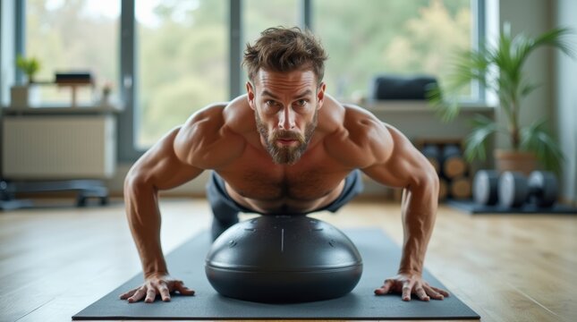 Man doing a plank exercise on a balance trainer in a home gym, showing a dedicated fitness lifestyle.