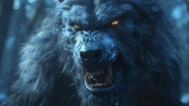 Fearsome werewolf, Canis lupus, snarling with bared fangs and glowing eyes in dark forest.  Werewolf image showcases intense expression and fur detail.