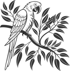 Vintage vector seamless pattern with a parrot on a branch amidst blooming flowers and bamboo leaves