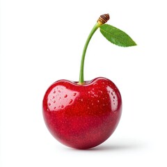 Fresh Red Cherry with Green Stem Isolated on White Background - Summer Fruits & Food Concept