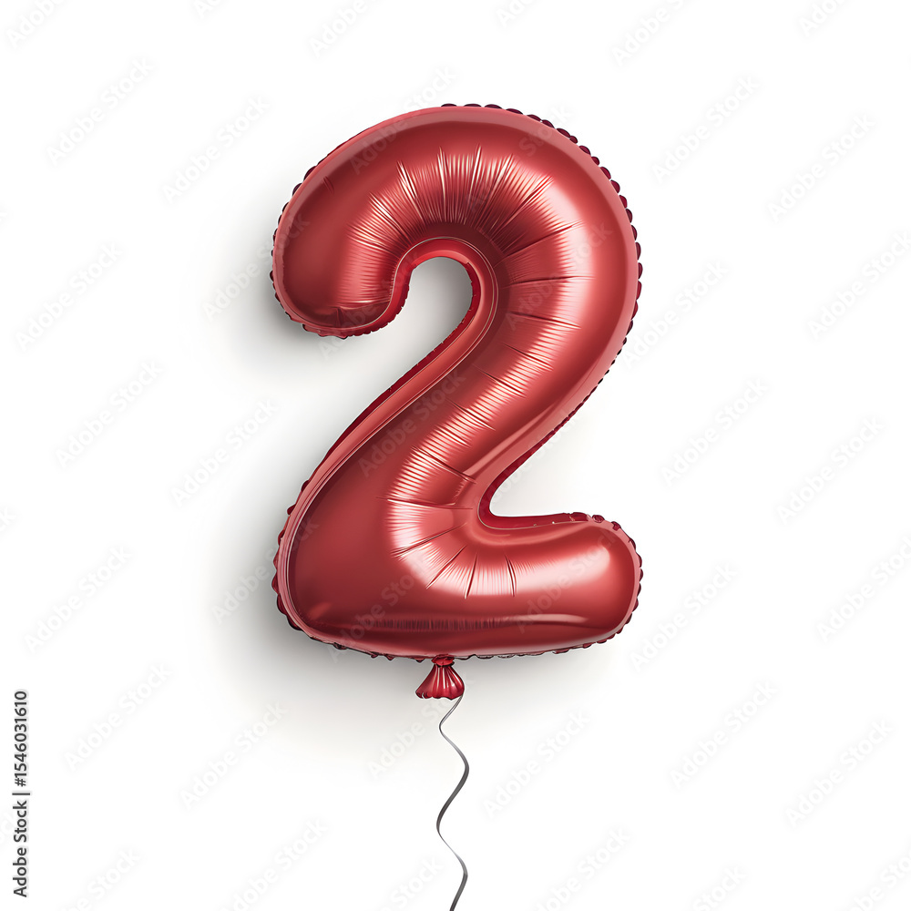Fototapete A balloon shaped like the number 2,glossy red metallic finish with realistic reflections and smooth texture.