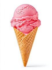 Sweet Summer Indulgence - Delicious Strawberry Ice Cream in Waffle Cone, Melting Treat on White Background for Refreshing Dessert Concept
