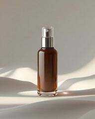 Naklejka premium High-end hair serum packaging in a clear glass bottle with silver screw cap. Rich brown serum and smooth curves emphasized by soft shadows on neutral background. Sophisticated and unbranded.