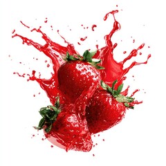 Three ripe strawberries engulfed in a vibrant, dynamic splash of their own juice against a stark white background