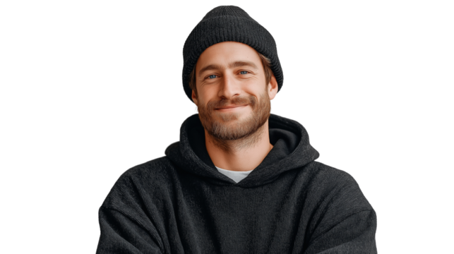 Remote worker in cozy hoodie and beanie, relaxed smile, professional look, no hands visible, PNG