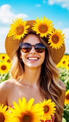 A young Caucasian woman with long wavy hair smiles in a field of sunflowers. She wears a straw hat adorned with sunflowers and sunglasses.
