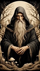 An elderly man with a long white beard wears a dark hooded robe. He stands among bare trees and mushrooms, evoking a mystical atmosphere.