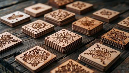 Wooden coasters with floral pattern displayed on rustic table