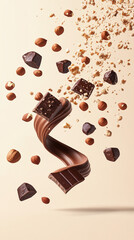 Fototapeta premium Artistic abstract swirl of chocolate and hazelnuts flying across frame in perfect harmony, isolated on light beige