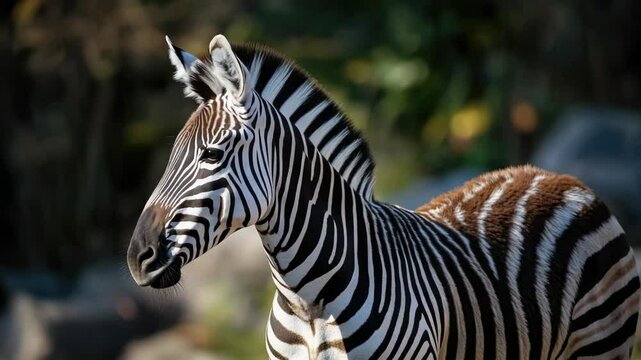 A zebra is standing in a field with a brown and white striped coat. The zebra is looking straight ahead, with its head held high. Concept of strength and confidence in the zebra's posture