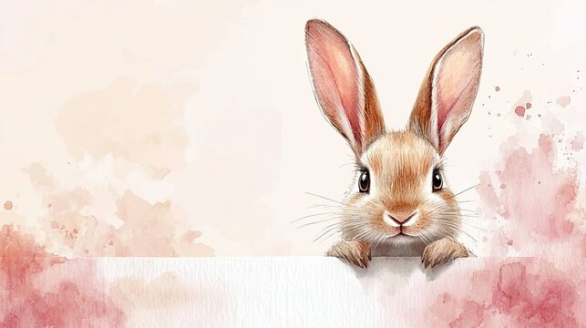 Whimsical Watercolor Bunny Peeking Over Blank Card for Personalization, Perfect for Easter or Spring-Themed Greetings, Invitations, and Handcrafted Designs for Celebrations.