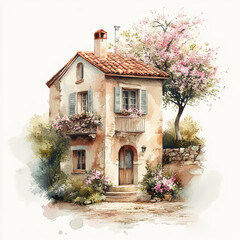 Cute old house with flowers and blooming tree on a white background. Watercolor drawing, illustration