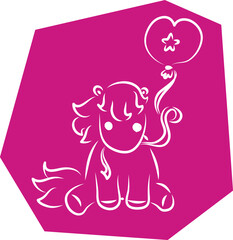 Cute little pony funny sitting and holding flying balloon in mouth by ribbon and looking at camera, hand drawn with brush, white curved lines contours on polygonal pink background