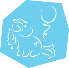 Cute little pony sitting and looking at flying hot air balloon nearby, hand drawn with brush, white curved lines contours on polygonal blue background