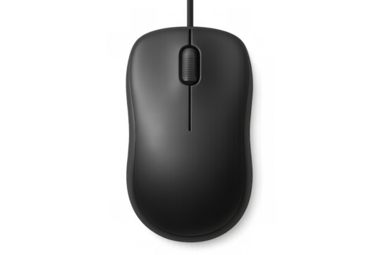 Black wireless computer mouse with scroll wheel on a transparent background, perfect for graphic design projects