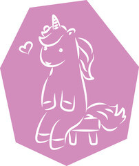 Cute pony unicorn funny sitting on chair and smiling, hand drawn brush white curved lines outlines on polygonal purple background