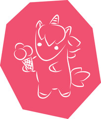 Cute little unicorn pony standing and holding ice cream scoop in hand, hand drawn brush white curved lines outlines on polygonal bright pink background
