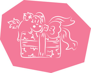 Cute little pony horse climbed on big gift box with big bow, hand drawn brush white curved lines outlines on polygonal pink background