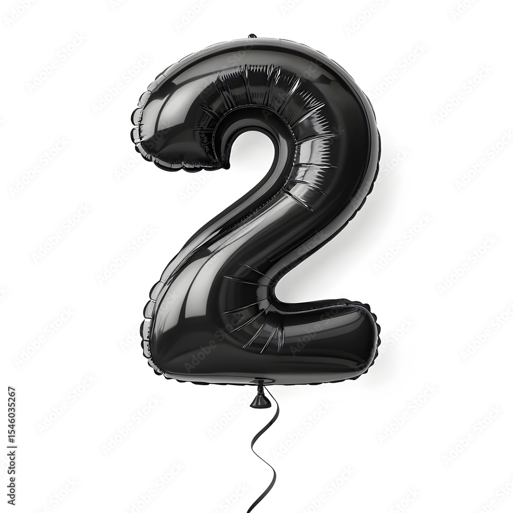 Fototapete a balloon shaped like the number 2,matte black metallic finish with realistic reflections and smooth