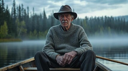 Serene elderly man in a rowboat on a misty lake, surrounded by a forest. - Powered by Adobe