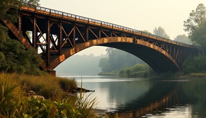 Fototapeta premium Rustic Old Industrial Bridge over Tranquil River – Harmony of Nature and Historic Engineering