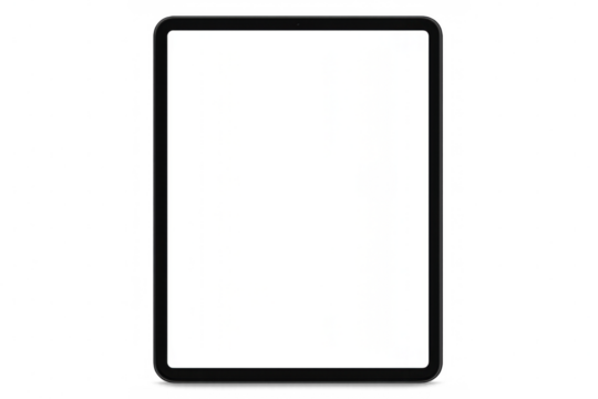 Modern black tablet computer with blank white screen isolated on transparent background, ideal for showcasing apps or web design