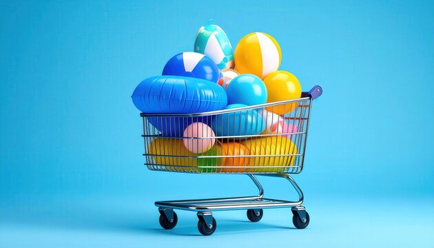 Shopping cart overflowing with colorful beach balls and inflatable pool toys on blue background