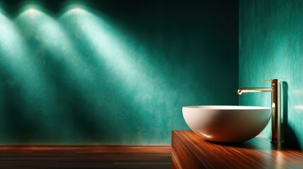 A sleek and elegant bathroom interior featuring a stylish vessel sink, warm wooden accents, and soft light highlighting its modern aesthetic and tranquility.