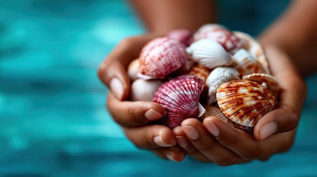 A vibrant collection of seashells held gently in a person's hands, symbolizing nature's beauty and the treasures found on sandy shores, capturing the essence of coastal life.