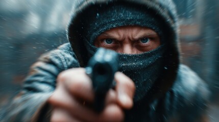 A determined man, shrouded in fog, points a gun with intensity, embodying themes of tension and drama, capturing the mysterious and urgent emotions of a suspenseful moment.