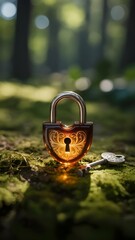 Antique Amber Lock and Key on Moss in a Sunlit Forest Setting