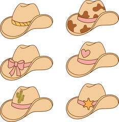 Six cute cowgirl hats in western cartoon style