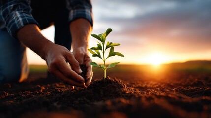 A farmer gently planting a young sapling into rich soil during sunset, symbolizing hope, renewal, and the importance of nurturing our environment for future generations.